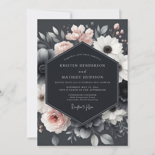 Charcoal Blush Blossom Elegance Wedding 招待状 (正面)