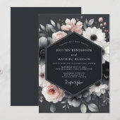 Charcoal Blush Blossom Elegance Wedding 招待状 (正面/裏面)