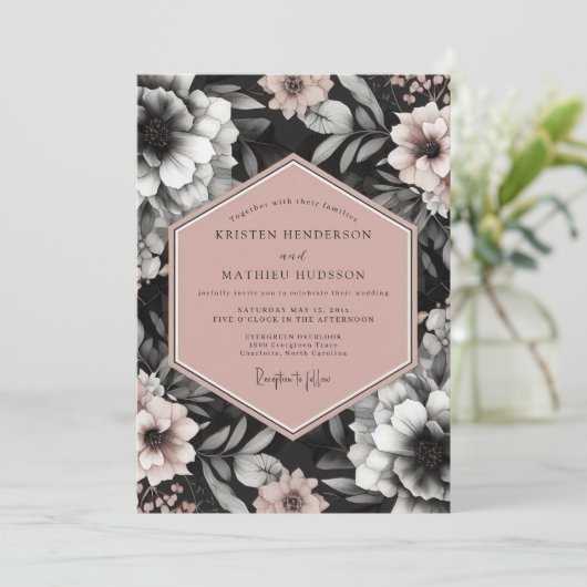 Charcoal Blush Elegant Bloom Wedding 招待状 (スタンド正面)