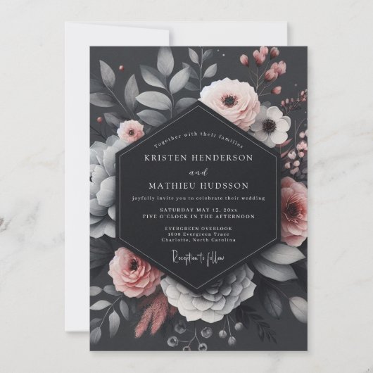Charcoal Blush Floral Elegance Wedding 招待状 (正面)