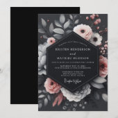 Charcoal Blush Floral Elegance Wedding 招待状 (正面/裏面)