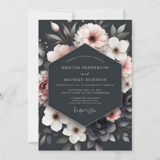 Charcoal Blush Floral Romance Wedding 招待状 (正面)
