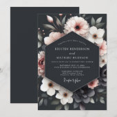 Charcoal Blush Floral Romance Wedding 招待状 (正面/裏面)