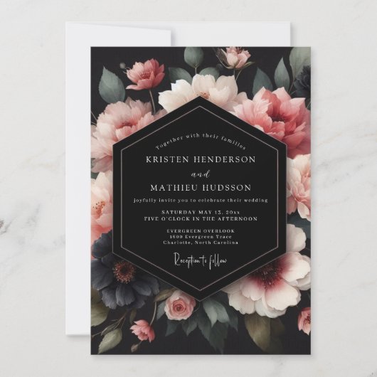 Charcoal Blush Petal Nocturne Wedding 招待状 (正面)