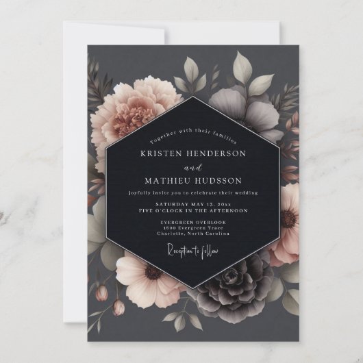 Charcoal Blush Poetic Wedding 招待状 (正面)