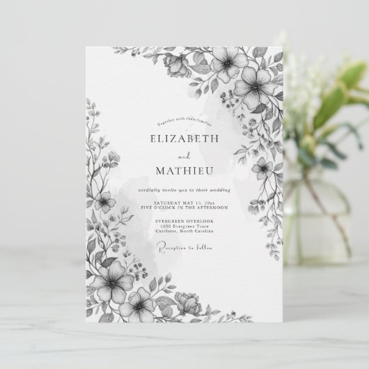 Charcoal Botanical Romance Wedding 招待状 (スタンド正面)