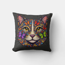 Charcoal Butterfly Blooms Cat Portrait Kitty Lover クッション