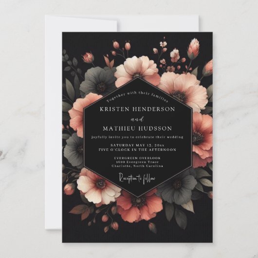 Charcoal Coral Bloom Wedding 招待状 (正面)
