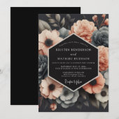 Charcoal & Coral Muted Bloom Wedding 招待状 (正面/裏面)