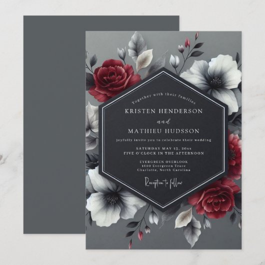 Charcoal Crimson Bloom Wedding 招待状 (正面/裏面)