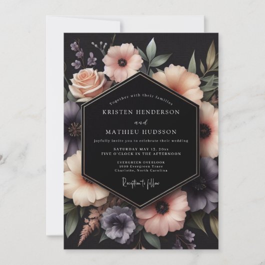 Charcoal Dusky Floral Wedding 招待状 (正面)