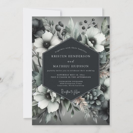 Charcoal Elegant Anemone Wedding 招待状 (正面)