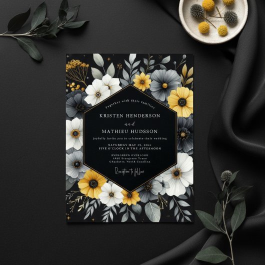 Charcoal Floral Bloom Wedding 招待状