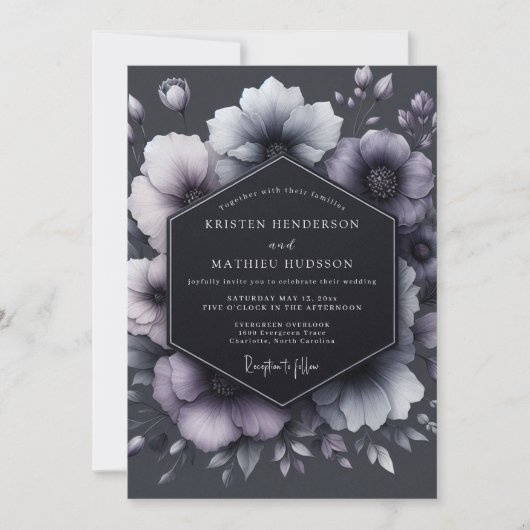 Charcoal Floral Moody Wedding 招待状 (正面)