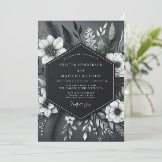Charcoal Floral Opulent Wedding 招待状 (スタンド正面)