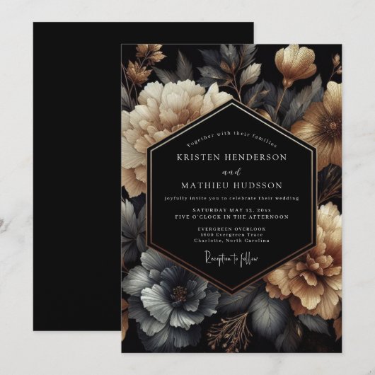 Charcoal Gold Chiaroscuro Wedding 招待状 (正面/裏面)