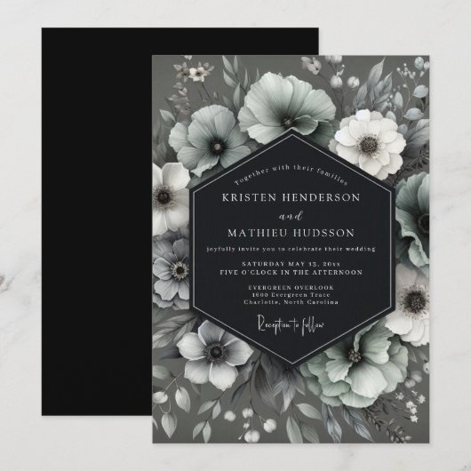 Charcoal Gothic Anemone Wedding 招待状 (正面/裏面)