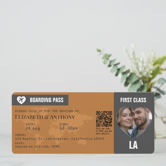 Charcoal Gray & Copper Boarding Pass Wedding 招待状 (スタンド正面)