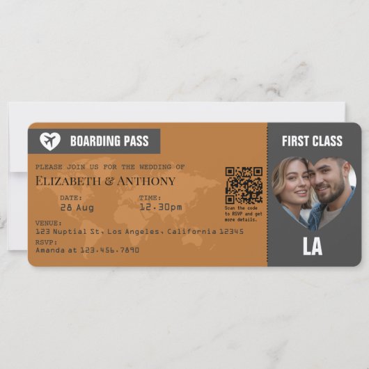 Charcoal Gray & Copper Boarding Pass Wedding 招待状 (正面)