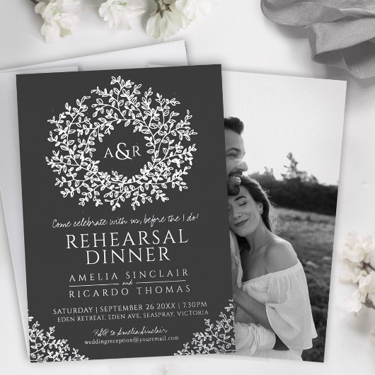Charcoal gray foil monogram rehearsal dinner 箔招待状