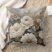 Charcoal Gray Gold Cream Floral クッション (ブランケット)