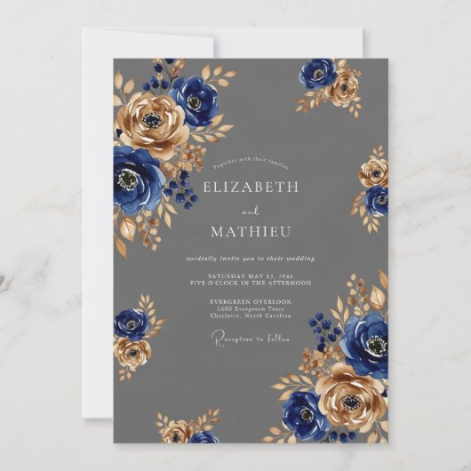Charcoal Gray Majestic Botanical Wedding 招待状 (正面)