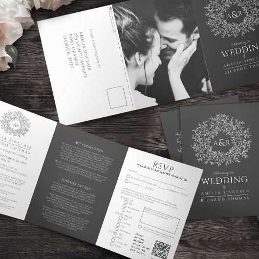 Charcoal gray monogram leaves wedding all-in-one 三つ折り招待状