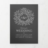 Charcoal gray monogram leaves wedding all-in-one 三つ折り招待状 (カバー)