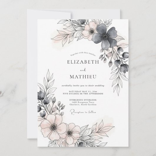 Charcoal Gray Romantic Spring Wedding 招待状 (正面)