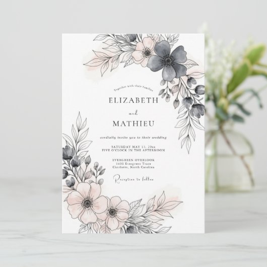 Charcoal Gray Romantic Spring Wedding 招待状 (スタンド正面)