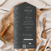 Charcoal Gray Silver Glitter QR Code Wedding オールインワン招待状
