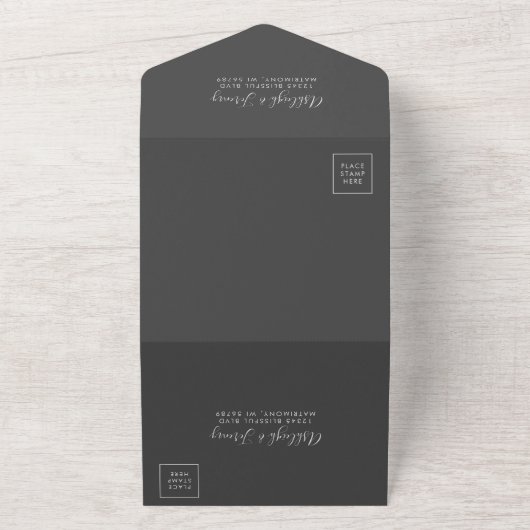Charcoal Gray Silver Glitter QR Code Wedding オールインワン招待状 (外側)