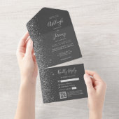 Charcoal Gray Silver Glitter QR Code Wedding オールインワン招待状 (貼ってはがせる)
