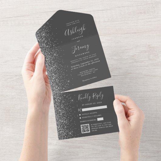 Charcoal Gray Silver Glitter QR Code Wedding オールインワン招待状 (貼ってはがせる)