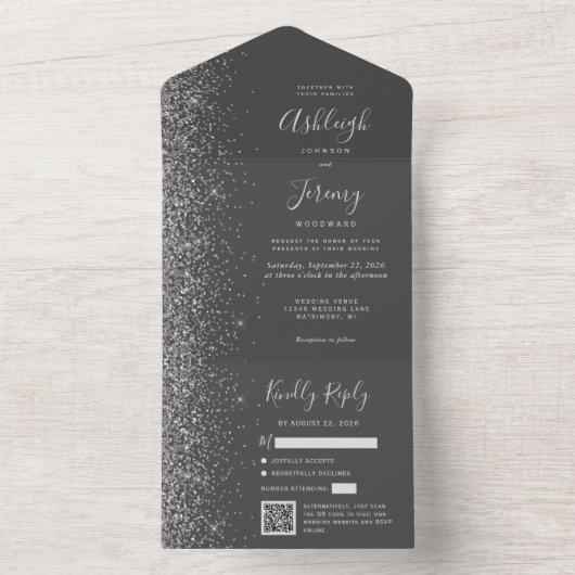 Charcoal Gray Silver Glitter QR Code Wedding オールインワン招待状 (内側)