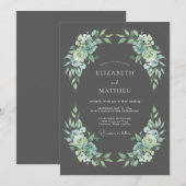 Charcoal Gray Stately Botanical Wedding 招待状 (正面/裏面)