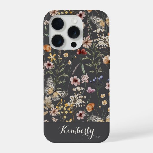 Charcoal Gray Watercolor Wildflowers Pattern Name  iPhoneケース (裏面)