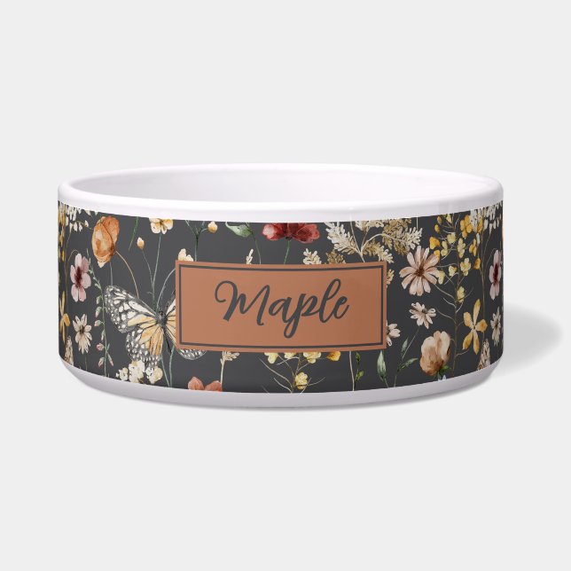 Charcoal Gray Wildflower Personalized Pet ボウル (正面)
