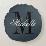 Charcoal grey cushion with custom monogram ラウンドクッション<br><div class="desc">Charcoal grey cushion with custom monogram. Personalized throw pillow for bed or sofa. Personalizable cushion monogrammed with name and initial letter. In stylish grey or custom background color. Elegant script typography text design. Classy chic home decor.</div>