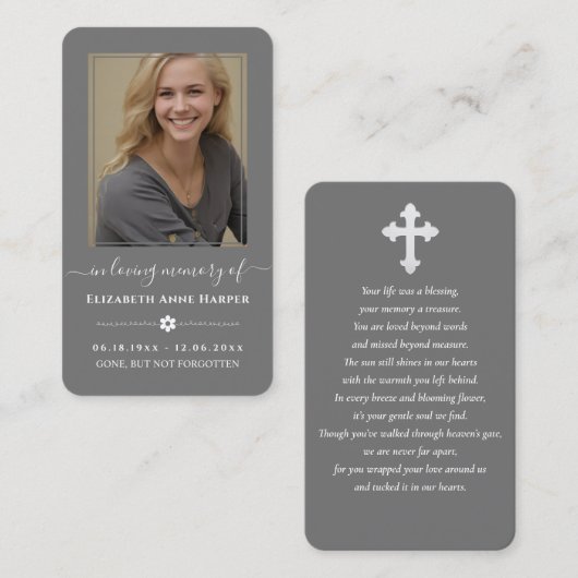 Charcoal Grey Modern Memorial Photo Prayer Card 名刺 (正面/裏面)