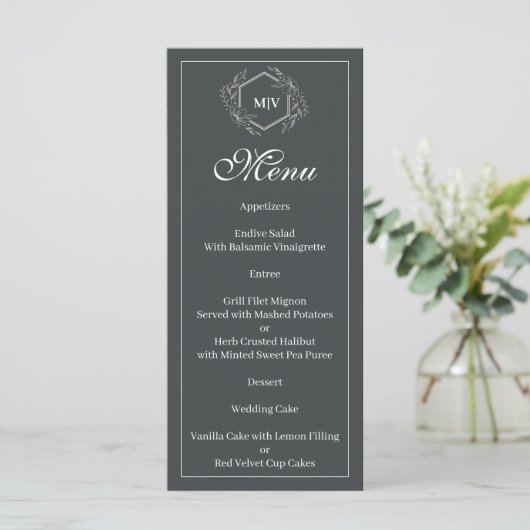 Charcoal Grey Monogram Crest Menu メニュー (スタンド正面)