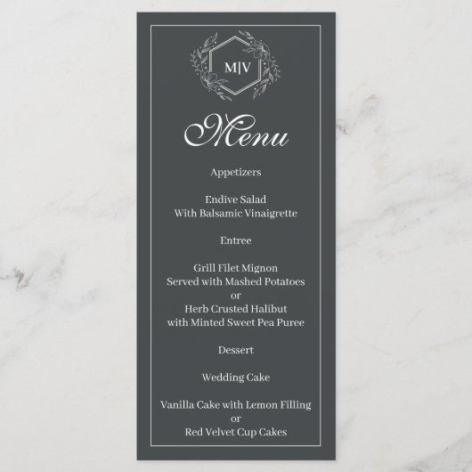 Charcoal Grey Monogram Crest Menu メニュー (正面)