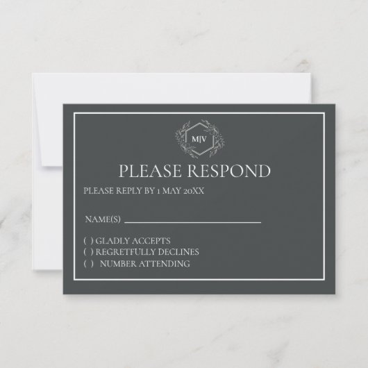 Charcoal Grey Monogram Crest RSVP card (正面)
