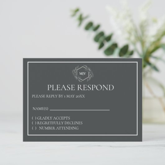 Charcoal Grey Monogram Crest RSVP card (スタンド正面)
