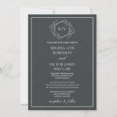 Charcoal Grey Monogram Crest Wedding Invitation 招待状 (正面)
