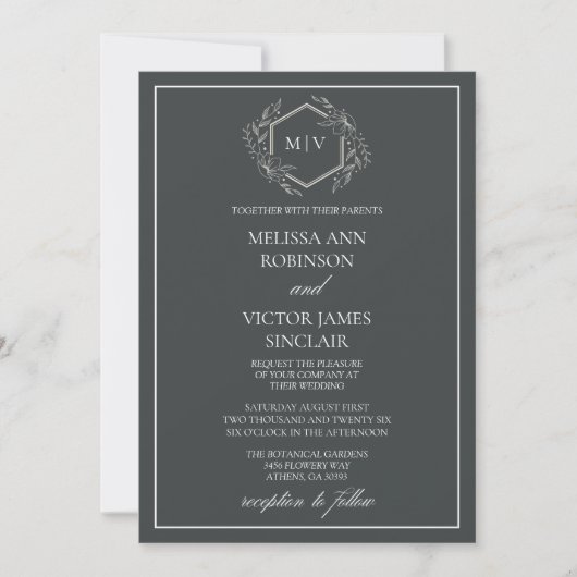 Charcoal Grey Monogram Crest Wedding Invitation 招待状 (正面)