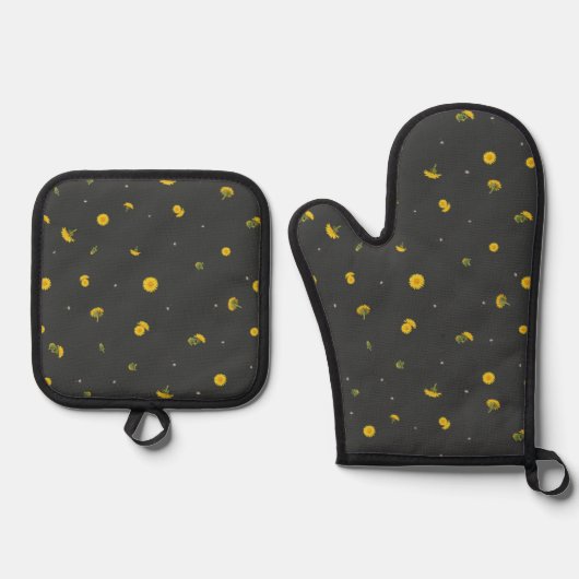 Charcoal Japanese Dandelion Floral Pattern 鍋つかみ&鍋敷きセット (正面)