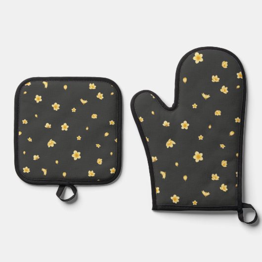 Charcoal Japanese Wintersweet Floral Pattern 鍋つかみ&鍋敷きセット (正面)