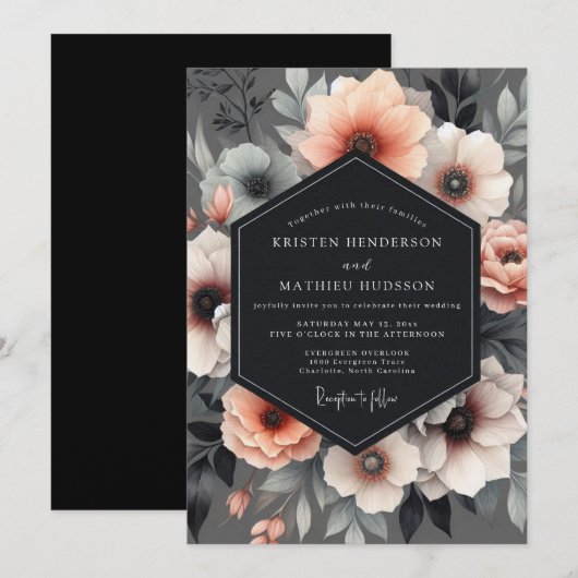Charcoal Luminous Flora Wedding 招待状 (正面/裏面)