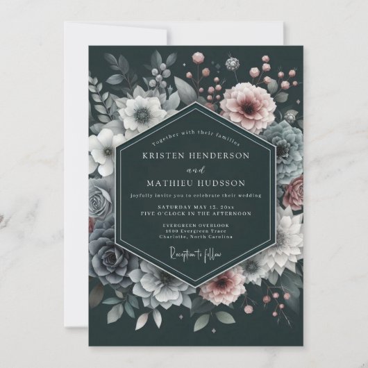Charcoal Mauve Luminous Bloom Wedding 招待状 (正面)